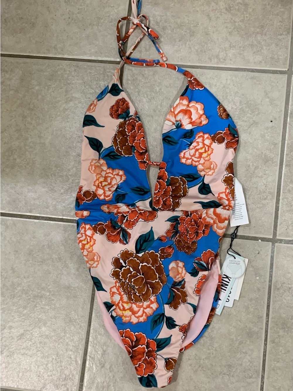 The Bikini Lab Floral Halter One-Piece Swimsuit - Pink, Blue & Brown